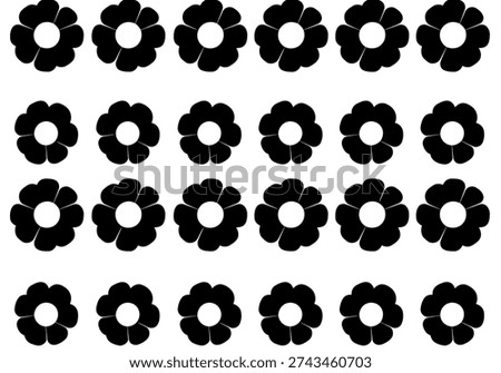 Seamless flower petal pattern, black bold floral icons, repetitive botanical design elements