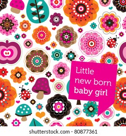 Seamless flower pink retro announcement new born baby card background in vector