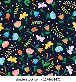 seamless flower and polka dots vector pattern background