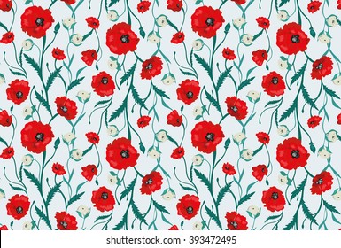 Seamless Flower  Poppies and Roses  Pattern. Summer background garden