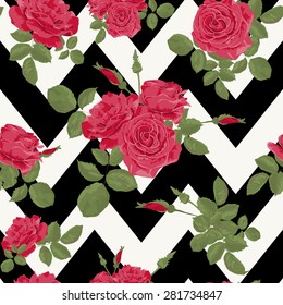 Seamless flower red roses pattern with horizontal zig zag black white