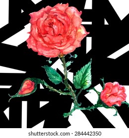 Seamless flower red roses pattern with stripes black white