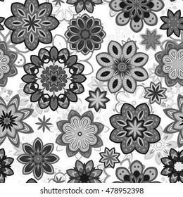 Seamless flower retro pattern in vector. Gray flowers on white background.
