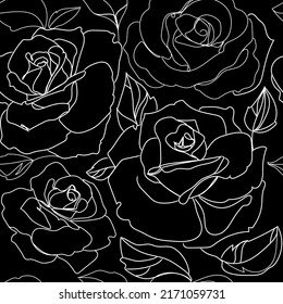 Seamless flower roses pattern on black background.Vector fabric seamless background with outline roses. beautiful wallpaper. Vintage seamless floral pattern.Elegant botanical print.