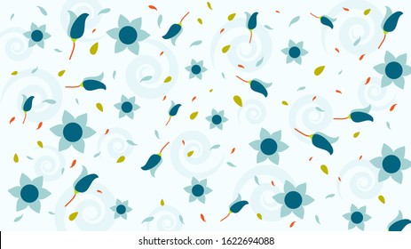 Seamless flower and swirl pattern on white background.