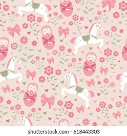 Seamless flower texture with a sleeping baby girl and a horse 