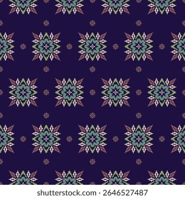 Seamless Flower traditional fabric pattern. Embroidery Cross Stitch Native Ethnic pattern floral pixel art motifs in indigo, teal, purple, green. Ideal for textiles, fashion, decor, clothing.