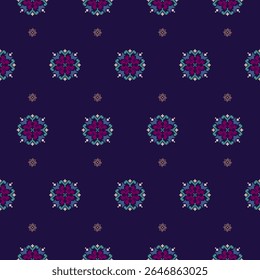 Seamless Flower traditional fabric pattern. Embroidery Cross Stitch Native Ethnic pattern floral pixel art motifs in indigo, teal, purple, green. Ideal for textiles, fashion, decor, clothing.