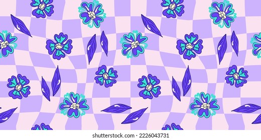 Patrón de tablero de ajedrez psicodélico de flor sin foco. Patrón púrpura psicodélico sin fisuras. Impresión mágica de margarita floral. Diseño trippy con ilustración plana de flores hippie. Impresión retro y2k