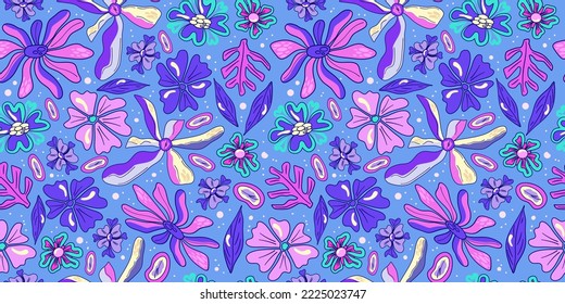 Seamless flower trippy psychedelic pattern. Purple psychedelic seamless pattern. Magic floral daisy print. Trippy design hippie floral flat illustration. Retro y2k print