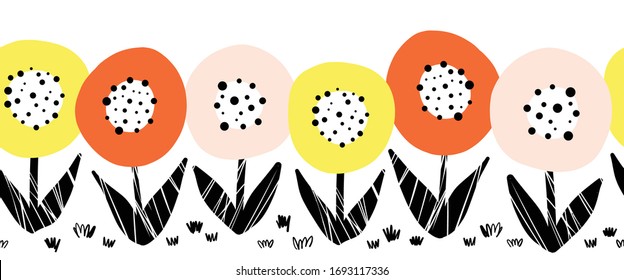 Seamless flower vector border. Cute florals Scandinavian flat style repeating pattern. Botanical minimalistic doodle flowers pink orange yellow black on white in a horizontal row. For card decor