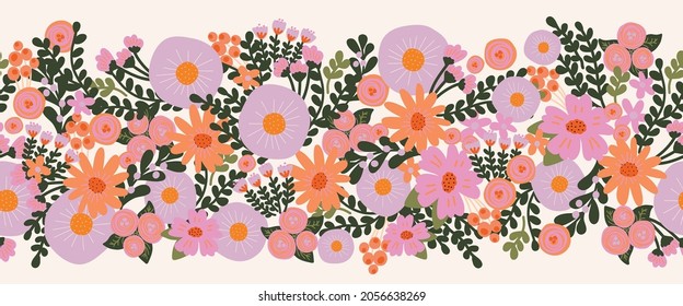 Seamless flower vector border hand drawn. Decorative repeating floral horizontal pattern design purple pink orange flowers. Beautiful floral banner for decor, ribbons, footer, fabric trim.