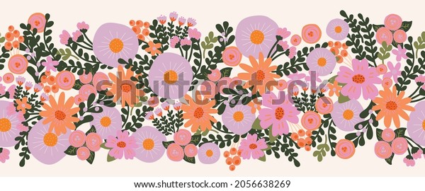 Seamless flower vector border hand drawn.\
Decorative repeating floral horizontal pattern design purple pink\
orange flowers. Beautiful floral banner for decor, ribbons, footer,\
fabric trim.
