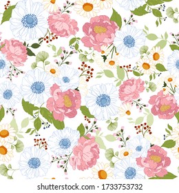 Seamless Flower in vector format. Peonies, Anemone, Daisy, Berries and Leaves. Perfect for surface print, such as stationery, apparels, textile and much more.