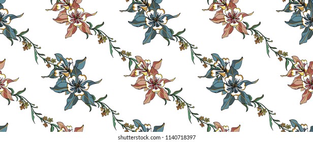 Seamless flower vector pattern. Hand drawn illustration with Aquilegia.