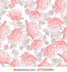 Seamless Flower Vector Pattern. Vintage Roses with Leaves. Floral Vector Seamless Background. Elegant Hand Drawn Flower Pattern for Wedding Invitation, Textile Print, Retro Fabric.