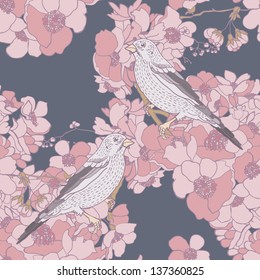 seamless with flowering branches and birds