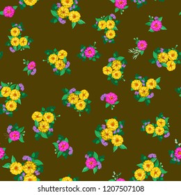 Seamless flowering bright pattern in small garden flowers of zinnia. Millefleur. Floral background for textile, wallpaper, covers, surface, print, gift wrap, scrapbooking, decoupage.
