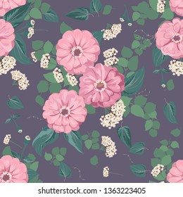 Seamless flowering bright pattern in small garden flowers of zinnia. Millefleur. Floral background for textile, wallpaper, covers, surface, print, gift wrap, scrapbooking, decoupage.