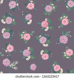 Seamless flowering bright pattern in small garden flowers of zinnia. Millefleur. Floral background for textile, wallpaper, covers, surface, print, gift wrap, scrapbooking, decoupage.