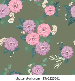 Seamless flowering bright pattern in small garden flowers of zinnia. Millefleur. Floral background for textile, wallpaper, covers, surface, print, gift wrap, scrapbooking, decoupage.