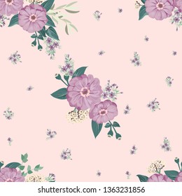 Seamless flowering bright pattern in small garden flowers of zinnia. Millefleur. Floral background for textile, wallpaper, covers, surface, print, gift wrap, scrapbooking, decoupage.