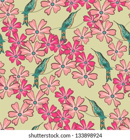 Seamless flowers background pattern with a birds