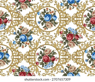 seamless flowers and baroque pattern. Hand draw textile pattern.