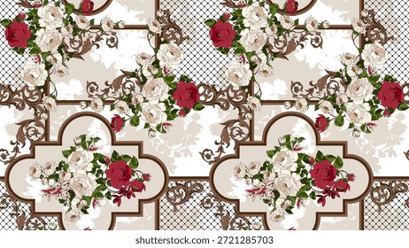 seamless flowers and baroque pattern. Hand draw textile pattern.