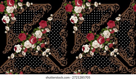 seamless flowers and baroque pattern. Hand draw textile pattern.