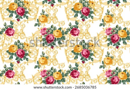 seamless flowers and baroque pattern. Hand draw textile pattern. 