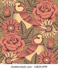Seamless with flowers and birds