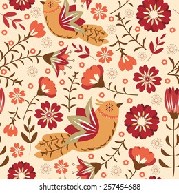Seamless with flowers and birds.  Vector illustration.