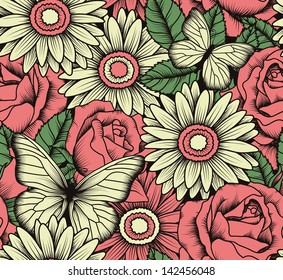 Seamless with flowers and butterflies