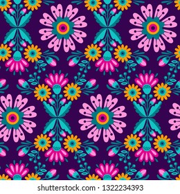 Seamless flowers ethnic  pattern. Fashion mexican, navajo or aztec, native american ornament.  Colored vector design element for frame and border, textile, fabric or paper print. Vector background