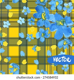 Seamless flowers forget me not on a gingham checks yellow colors. Vector blue flowers on stripes ornament. Watercolor realistic painting 