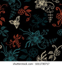 Seamless Flowers Hand Drawn in Orient Style. Floral Pattern with Outline Flowers Drawn in Mehndi or Zentangle Manner. Seamless Pattern for Calico, Print, Dress, Linen, Textile.