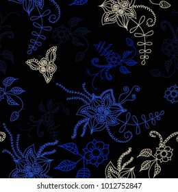 Seamless Flowers Hand Drawn in Orient Style. Floral Pattern with Outline Flowers Drawn in Mehndi or Zentangle Manner. Seamless Pattern for Calico, Print, Dress, Linen, Textile.