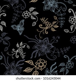 Seamless Flowers Hand Drawn in Orient Style. Floral Pattern with Outline Flowers Drawn in Mehndi or Zentangle Manner. Seamless Pattern for Calico, Print, Dress, Linen, Textile.