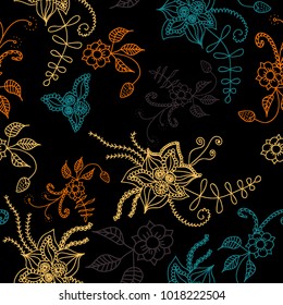 Seamless Flowers Hand Drawn in Orient Style. Floral Pattern with Outline Flowers Drawn in Mehndi or Zentangle Manner. Seamless Pattern for Calico, Print, Dress, Linen, Textile.