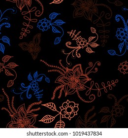 Seamless Flowers Hand Drawn in Orient Style. Floral Pattern with Outline Flowers Drawn in Mehndi or Zentangle Manner. Seamless Pattern for Calico, Print, Dress, Linen, Textile.