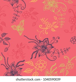 Seamless Flowers Hand Drawn in Orient Style. Floral Pattern with Outline Flowers Drawn in Mehndi or Zentangle Manner. Seamless Pattern for Calico, Print, Dress, Linen, Textile.
