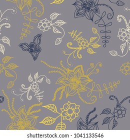 Seamless Flowers Hand Drawn in Orient Style. Floral Pattern with Outline Flowers Drawn in Mehndi or Zentangle Manner. Seamless Pattern for Calico, Print, Dress, Linen, Textile.