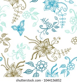 Seamless Flowers Hand Drawn in Orient Style. Floral Pattern with Outline Flowers Drawn in Mehndi or Zentangle Manner. Seamless Pattern for Calico, Print, Dress, Linen, Textile.