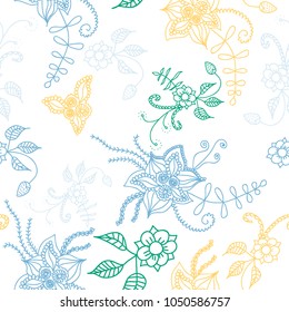 Seamless Flowers Hand Drawn in Orient Style. Floral Pattern with Outline Flowers Drawn in Mehndi or Zentangle Manner. Seamless Pattern for Calico, Print, Dress, Linen, Textile.