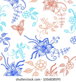 Seamless Flowers Hand Drawn in Orient Style. Floral Pattern with Outline Flowers Drawn in Mehndi or Zentangle Manner. Seamless Pattern for Calico, Print, Dress, Linen, Textile.
