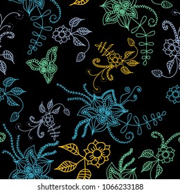 Seamless Flowers Hand Drawn in Orient Style. Floral Pattern with Outline Flowers Drawn in Mehndi or Zentangle Manner. Seamless Pattern for Calico, Print, Dress, Linen, Textile.