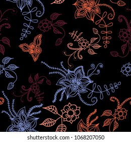 Seamless Flowers Hand Drawn in Orient Style. Floral Pattern with Outline Flowers Drawn in Mehndi or Zentangle Manner. Seamless Pattern for Calico, Print, Dress, Linen, Textile.