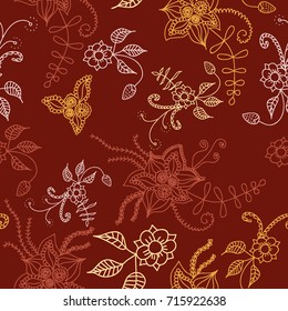 Seamless Flowers Hand Drawn in Orient Style. Floral Pattern with Outline Flowers Drawn in Mehndi or Zentangle Manner. Seamless Pattern for Calico, Print, Dress, Linen, Textile.