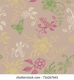Seamless Flowers Hand Drawn in Orient Style. Floral Pattern with Outline Flowers Drawn in Mehndi or Zentangle Manner. Seamless Pattern for Calico, Print, Dress, Linen, Textile.